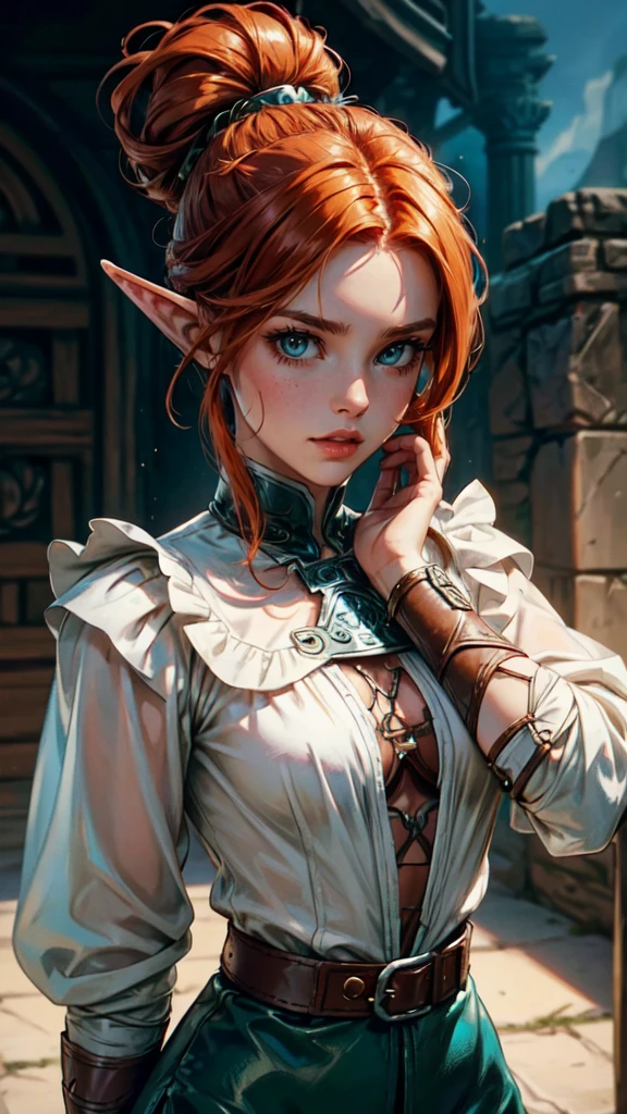 (Face-BarbaraPalvin:0.8) (D&D rogue character:1.2) painting ginger woman auburn hair (updo:1.1) white button shirt see through leather pants pauldron teal armor belts straps detailed background ancient ruins (small_breasts:1.1) (masterpiece) (best quality) (detailed) (8k) (wallpaper) (cinematic lighting) (sharp focus) (intricate) (Style-Autumn:0.5),detailed face, detailed eyes, detailed hands, elf woman
