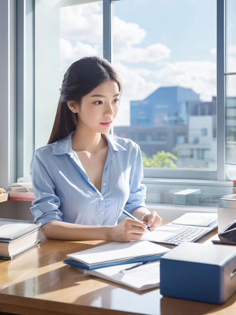 In a crowded office,beside,A Chinese beauty is concentrating on her work,The background is blue sky and white clouds outside the window,Suggesting that indoor air quality is equally important