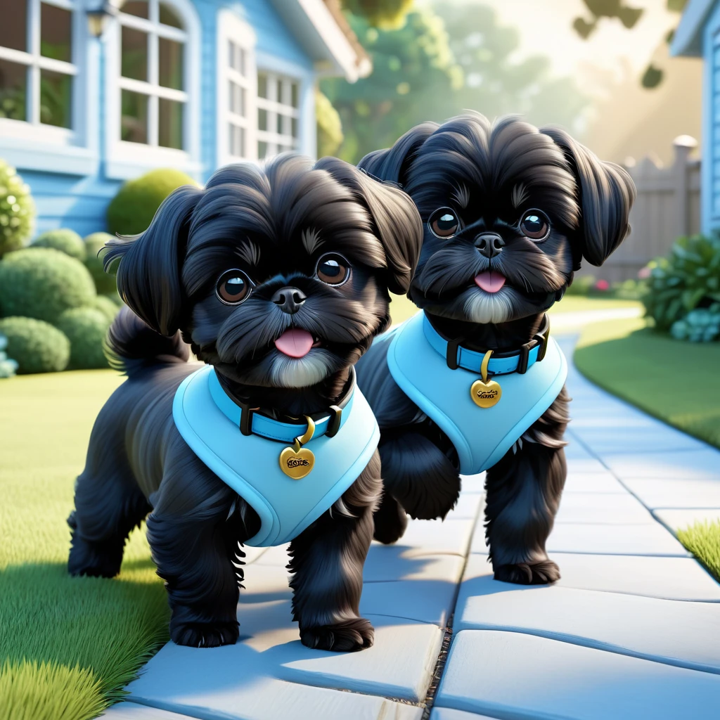 2 Adorable small black Shih Tzu puppies wearing light blue collars, escaping back yard, Disney house Disney back yard 3d cartoon, 3d render, disney pixar style