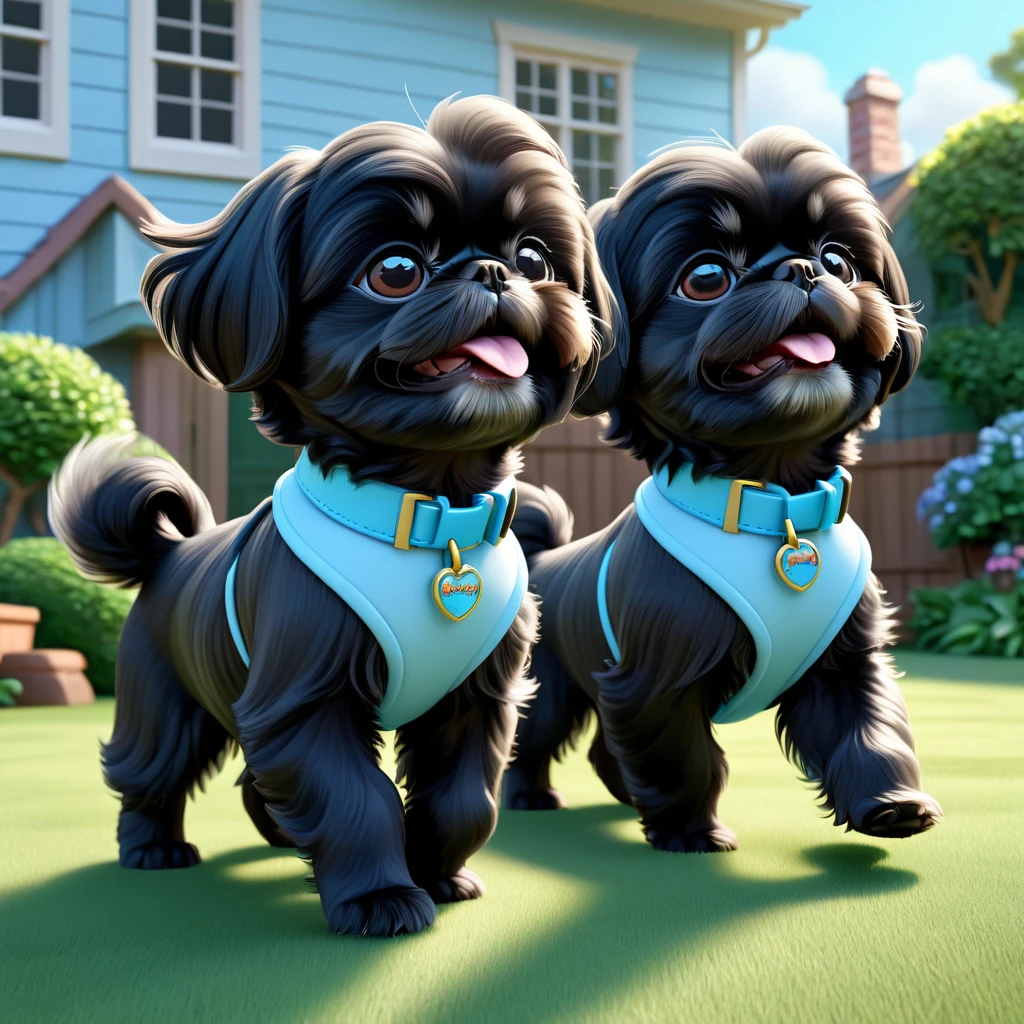 2 Adorable small black Shih Tzu puppies wearing light blue collars, escaping back yard, Disney house Disney back yard 3d cartoon, 3d render, disney pixar style