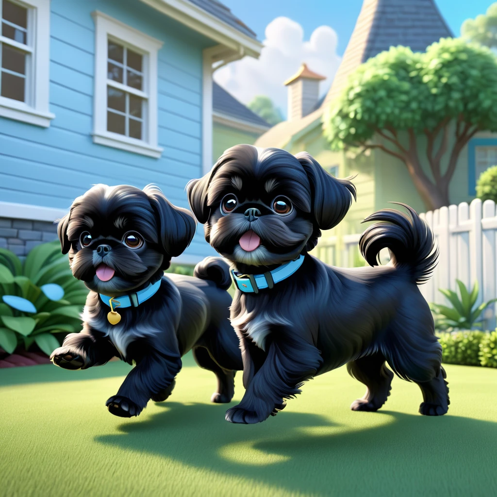 2 Adorable small black Shih Tzu puppies wearing light blue collars, escaping back yard, Disney house Disney back yard 3d cartoon, 3d render, disney pixar style