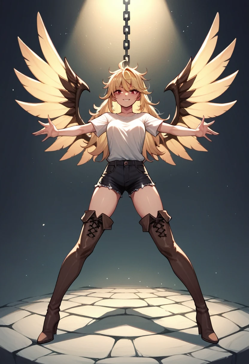 score_9, score_8_up, score_7_up, score_6_up, score_5_up, score_4_up, source_anime, 1girl, blonde hair,long hair, red eyes, w-w-chain, spread arms, messy hair, white shirt,shorts,thigh high boots, brown boots,heels,dungeon, best quality, best res, 4K UHD, 8K UHD