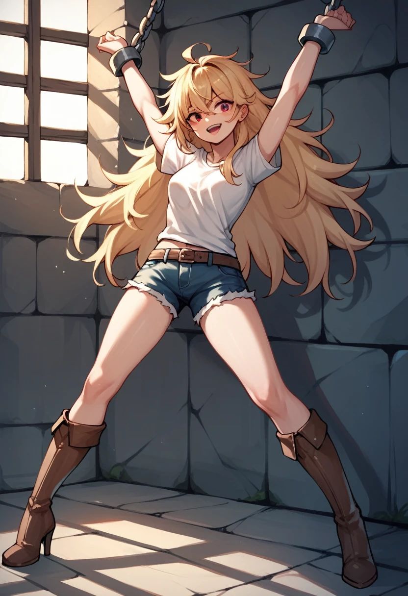 score_9, score_8_up, score_7_up, score_6_up, score_5_up, score_4_up, source_anime, 1girl, blonde hair,long hair, red eyes, w-w-chain, spread arms, messy hair, white shirt,shorts,thigh high boots, brown boots,heels,dungeon, best quality, best res, 4K UHD, 8K UHD