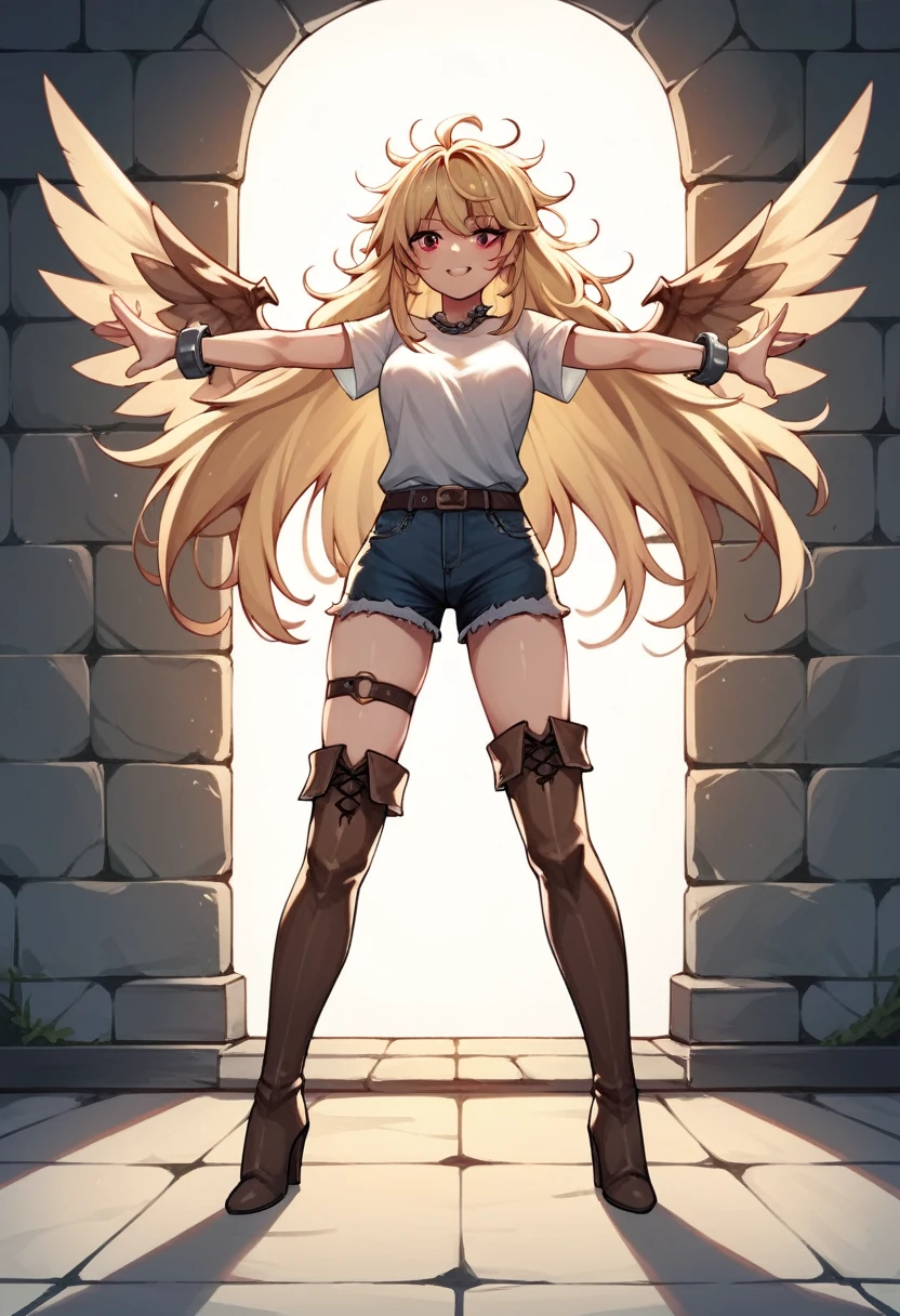 score_9, score_8_up, score_7_up, score_6_up, score_5_up, score_4_up, source_anime, 1girl, blonde hair, red eyes, w-w-chain, spread arms, messy hair, white shirt,shorts,thigh high boots,purple boots,heels,dungeon, best quality, best res, 4K UHD, 8K UHD
 