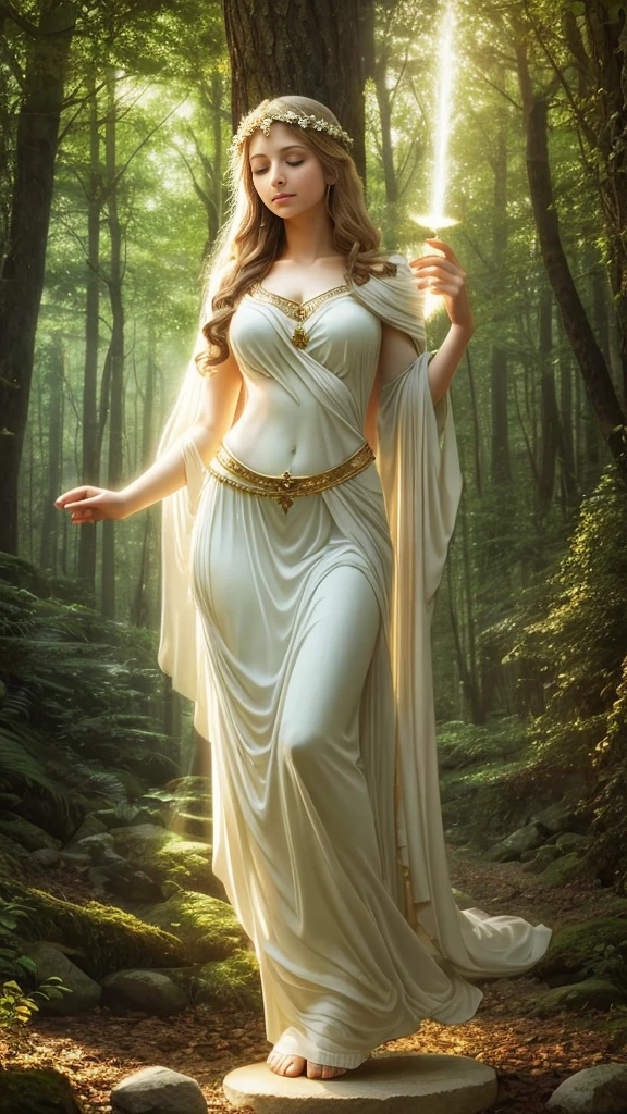 Image of Greek goddess Aphrodite sending healing light energy to many people, surrounded by forest, realistic, detailed, ethereal, mysterious, soft lighting, dreamy atmosphere, spiritual ritual, harmonious environment, soft pastel colors, ethereal soft background, Soft Focus