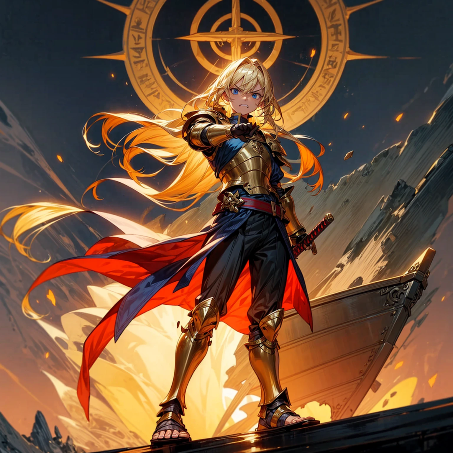 1boys, Full body version, 1character, muscle, blue eyes, Tan skin, very long hairstyle, blonde colour hair, very angry expression, angry eyes, angry mouth, templar knight clothing, blue colour clothing, ancient Greek sandals, gold sword in hand, small shield gold in hand, gold armor, Grassroots background in big ship, sea, background ship damage, war in ship, fire, fire light, light fire silhouette, in evening, (war gesture), bloody in ship, blood on face, blood on sword, blood on armor, bloody background, Ultra detailed, full background, Full body version, motion blur, plasma, lens blue, overlay color, overlay blending, lighten blending, chromatic aberration, hd, ultra hd