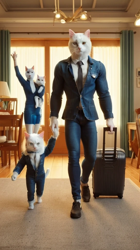 Muscular cat wearing denim jacket and jeans 