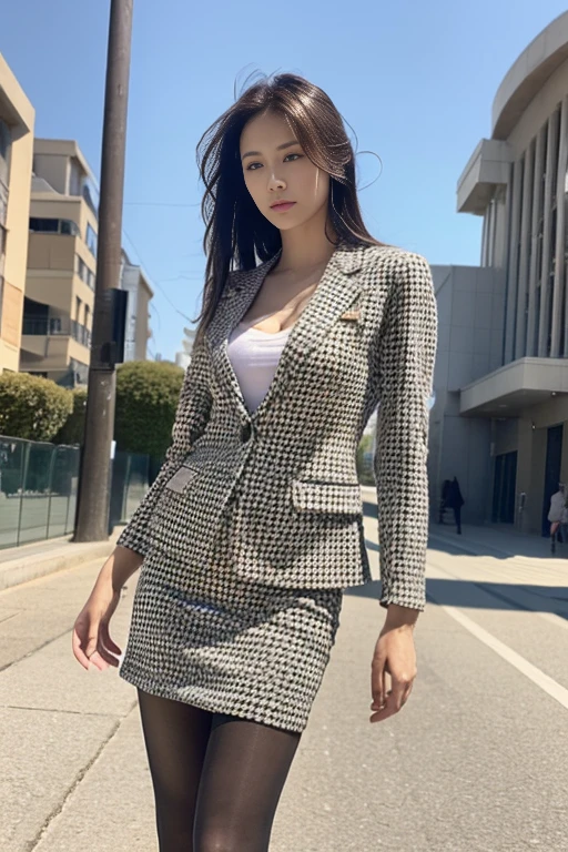 (Highest quality、Ultra-high resolution、masterpiece、8K、Realistic raw photo)、(Delicate face、Detailed eyes and face、Watery eyes、double eyelid、Glossy lips), ((1 girl)) 、Very beautiful woman、Slender、Slim Big、Sharp long legs、Alluring and sexy、(Houndstooth blazer:1.2)、(Houndstooth skirt:1.2),(silk pantyhose:1.1),(High heels)、Cleavage、High-definition skin texture、The wind is blowing、Sunlight shining、Modern architecture in the background、Above the knee shot、((Perfect Anatomy、Anatomically correct:1.2))
