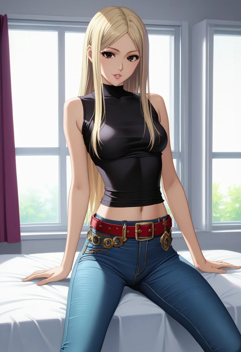 score_9_up, score_8_up, score_7_up, 1girl, solo, mature female,((Tsukumo Yuki)), ((blonde long hair)), brown eyes, pink lips, parted lips, fit slim body,(((perfect erected medium breast))) (((black tight tank, tight jeans, belt))), (((highly detailed bedroom, window, bed))), perfect fit model body, seductive pose