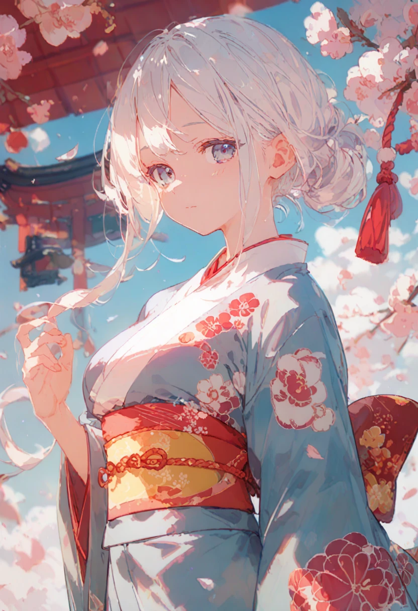 1 girl, white hair, kimono, cute