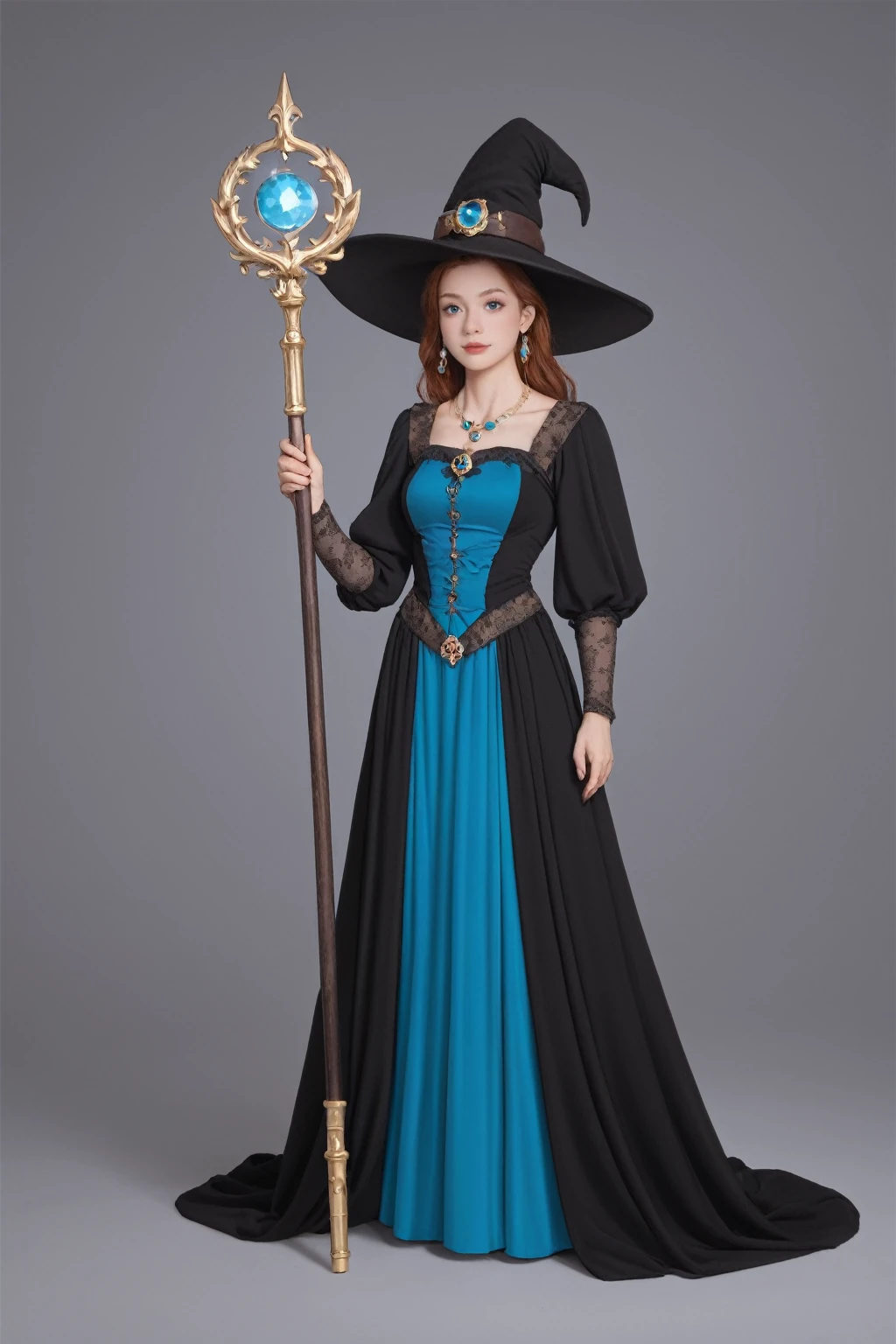 score_9, score_8_up, score_7_up, BREAK,
solo,full body, witch woman,conservative attire,Very nice headgear, princess dress,jewelry,Visions of heaven and earth,Staff,exquisite magic