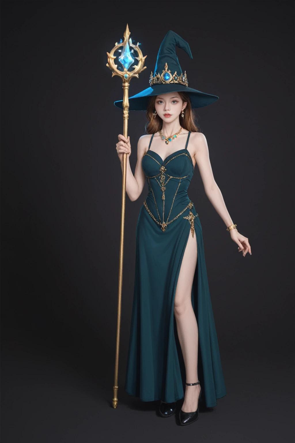 score_9, score_8_up, score_7_up,
solo,full body, witch woman,conservative attire,Very nice headgear, princess dress,jewelry,Visions of heaven and earth,Staff,exquisite magic,underboob