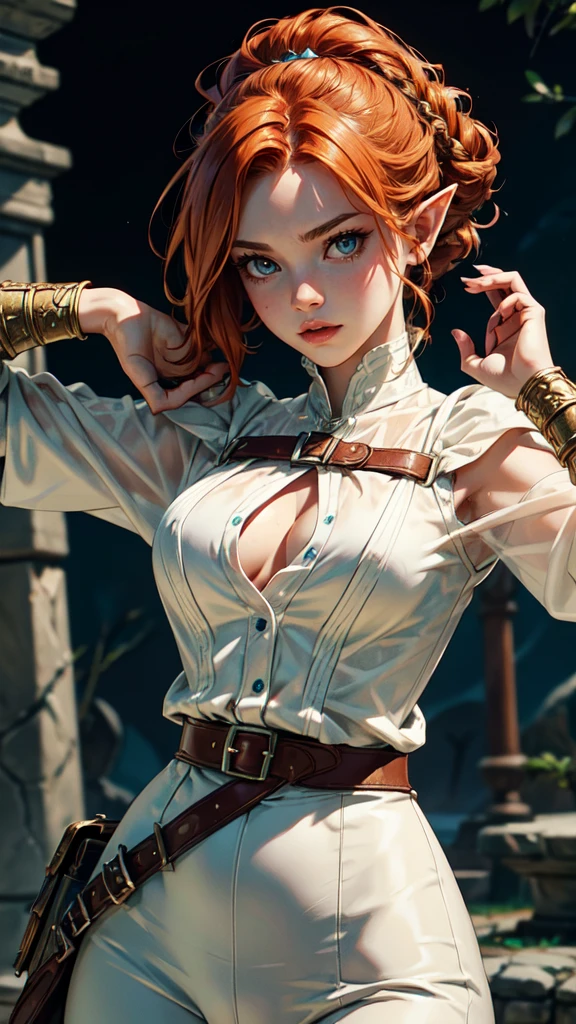 (beautiful 19-year-old girl(Sexy Triss from The wicher 3)),(model figure),(big breasts),(short haircut,long braid down the back),(red hair),(wearing white kimono, heavily torn in some places),(fighting stance),(a gang),(tattoos)。(best quality,4k,8k,highres,masterpiece:1.2),ultra-detailed,(realistic,photorealistic,photo-realistic:1.37),HDR,UHD,studio lighting,ultra-fine painting,sharp focus,physically-based rendering,extreme detail description,professional,vivid colors,bokeh,concept artists