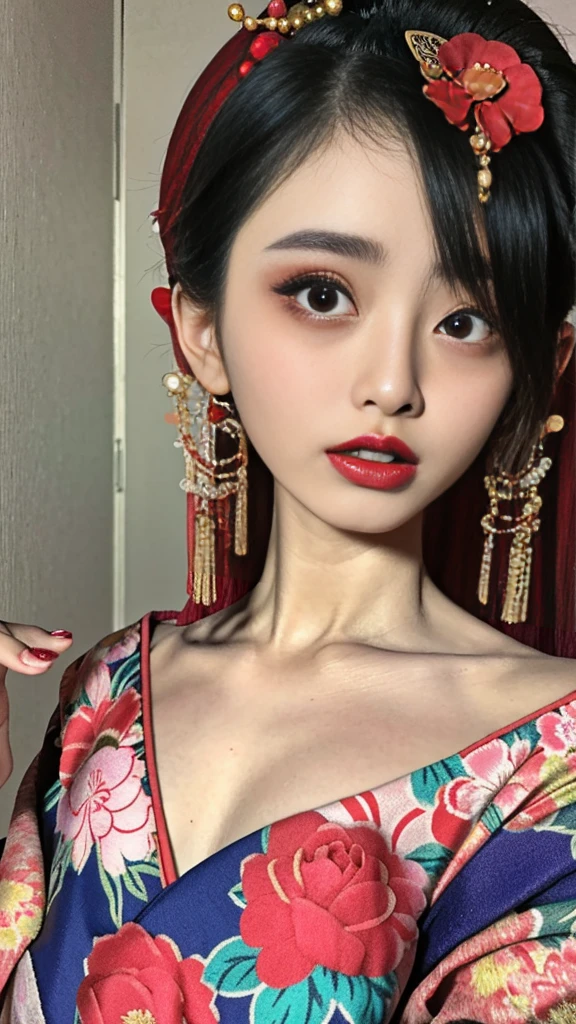 4k, masterpiece, High resolution, confused,Natural volume lighting and best shadows, 笑face,deep i is written in the depth of the world,soft delicate beautiful attractive face, beautiful edge courtesan_woman, a woman in a kimono posing for a picture ,Courtesan with perfect edges_face,Courtesan with perfect edges_body,edgOiran_compensate,edgOiran_hairstyle