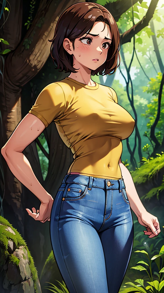 masterpiece, best quality, ultra-detailed, 1girl, eye-level shot, standing posture, brown wavy short hair, sweaty skin, (breasts out), compression shirt, jeans, river of jungle