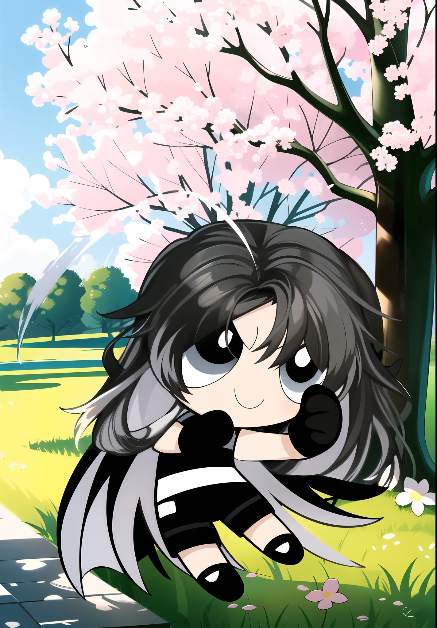 (long hair, gradient hair, black white hair), smile, chibi, 1girl, black eyes, gloves, jewelry, shorts, black shorts, asymmetrical gloves, big blossom tree background,
