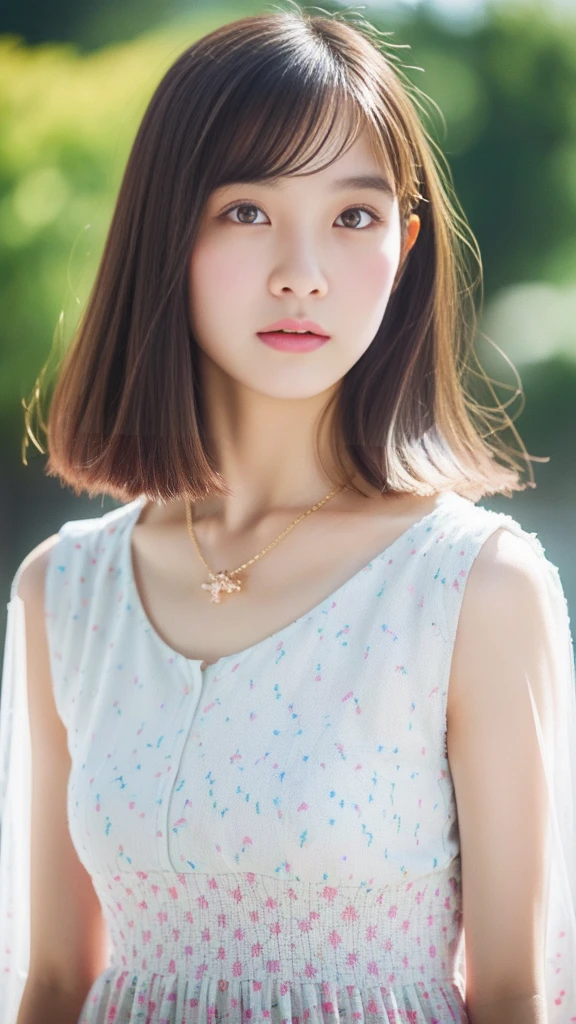Perfect face and small breasts, Cute clothes, 18-year-old girl with slim and slender physique。Skin is detailed and very detailed eyes(1.1 emphasis), high detailed skin texture(1.1 emphasis)Has a。Slender Necklace, Model Photo Style, Photorealsitic, Skin texture is the texture of real human skin, Detailed skin pores, intricate detailes, Eyes very detailed, Colorful dress with colorful hair, rossdraws pastel vivid,