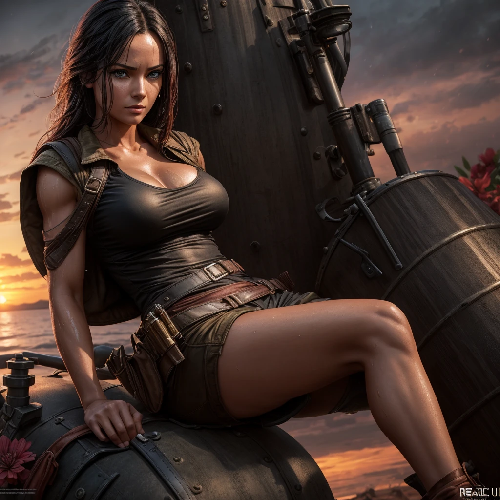 (Masterpiece:1.4),(Best Quality:1.4), ((full body)) 1girl, wearing bustier and micro shorts, ((dark skin tone)), big breasts, hair between eyes, long hair with red streaks, oval face, double eyelids, parted lips, very light brown eyes, solo, natural, bright red lips, shapely and detailed thighs, low angle (from top angle), highly detailed skin, skin pores skin, (sfw) piloting a (jetski) perfect and detailed, beautiful landscape.