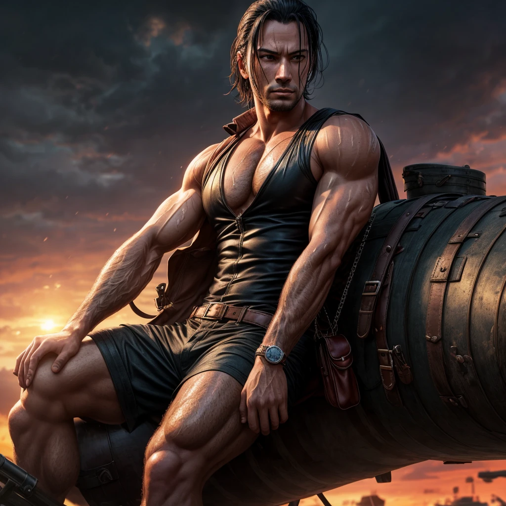 Real hancock sexy in one piece , holding a stylish bag, sitting on the barrel of a replica tank toys gun modified with the strongest material, wearing a a thin shirt that was wet with sweat , realistic, 8K.flowers,sunset,in dark,dark theme, masterpiece,official art,best quality,ray tracing,volumetric light,realistic,photorealistic,ultra highres,vivid, woman , close up