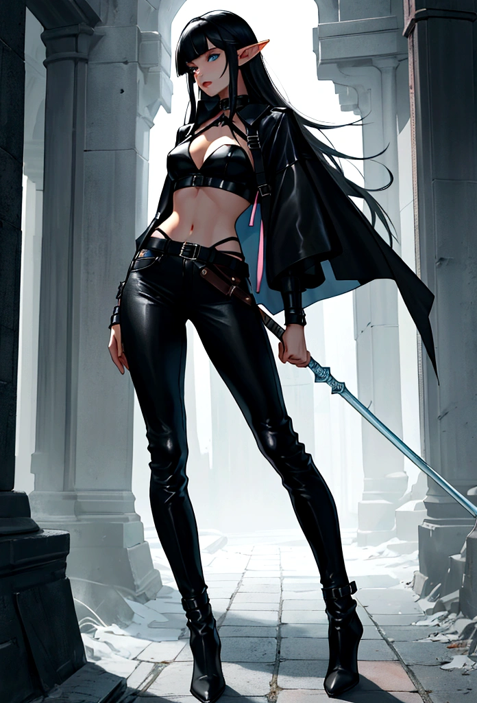 European and American face long legs sexy with a sword in one hand black silk on a winter evening --auto