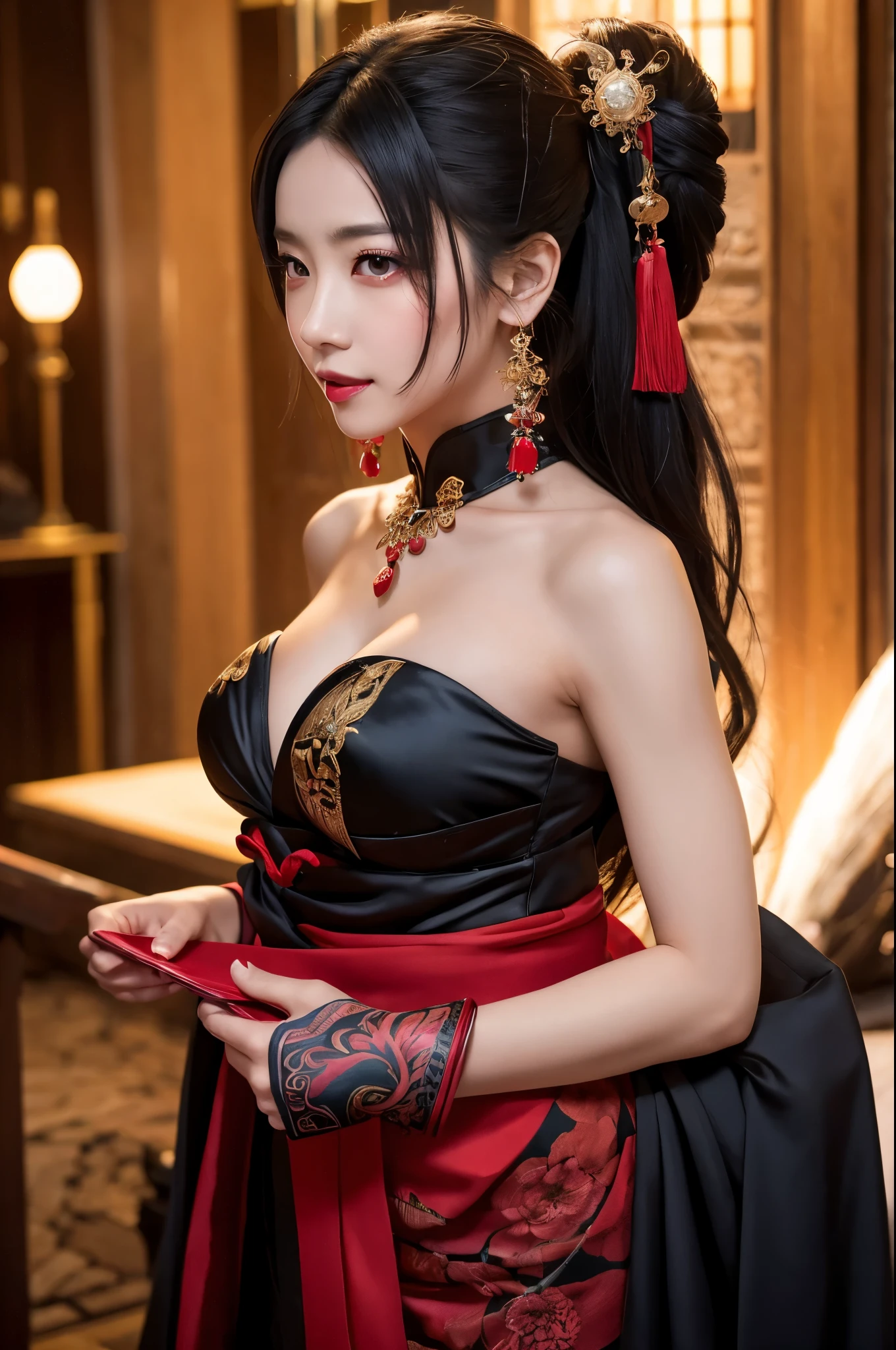 8K,Himiko,Black-haired Asian empress poses for photos in sexy red and black courtesan outfit, Japanese God, Beautiful fantasy empress, so beautiful(A vivid face),Red lipstick,Gorgeous courtesan costume,Flashy makeup,Long black hair,Red eyes,Accurate details of the five fingers,Tattoo on left chest,hair ornaments,laughing out loud,Surreal,Realistic looking skin,Bold personality,Very large breasts,Red tattoo on left cheek,kimono,kimono,Luan Jia and Artgerm, Highly detailed artwork, 8K high quality detailed art,Inside the Labyrinth Dungeon,Beautiful expression Ultra-high resolution, Trending on cgstation, Wallop and Artgerm,Muscular and slim body,Big muscular chest,Muscular and slender lower body,charm,Battle Scenes,Combat pose,Action Scenes,Action pose,Fantasy art,Character Art,Fighting with fans,Rich colors, Backlight, Cinema Lighting, Film Grain, to be born, 50mm lens, Nikon D850,Ultra-high resolution,Surreal,Compensate,Photorealistic RAW photos of the highest quality。Bright colors,Image of a perfect woman,Sexy Courtesan Costume,