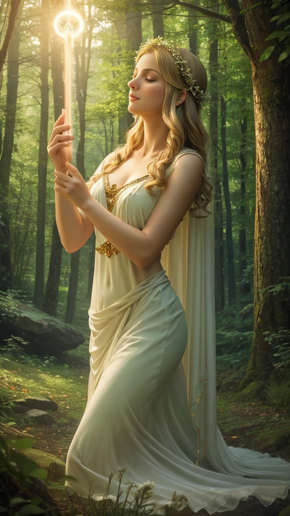 Image of Greek goddess Aphrodite sending healing light energy to many people, surrounded by forest, realistic, detailed, ethereal, mysterious, soft lighting, dreamy atmosphere, spiritual ritual, harmonious environment, soft pastel colors, ethereal soft background, Soft Focus