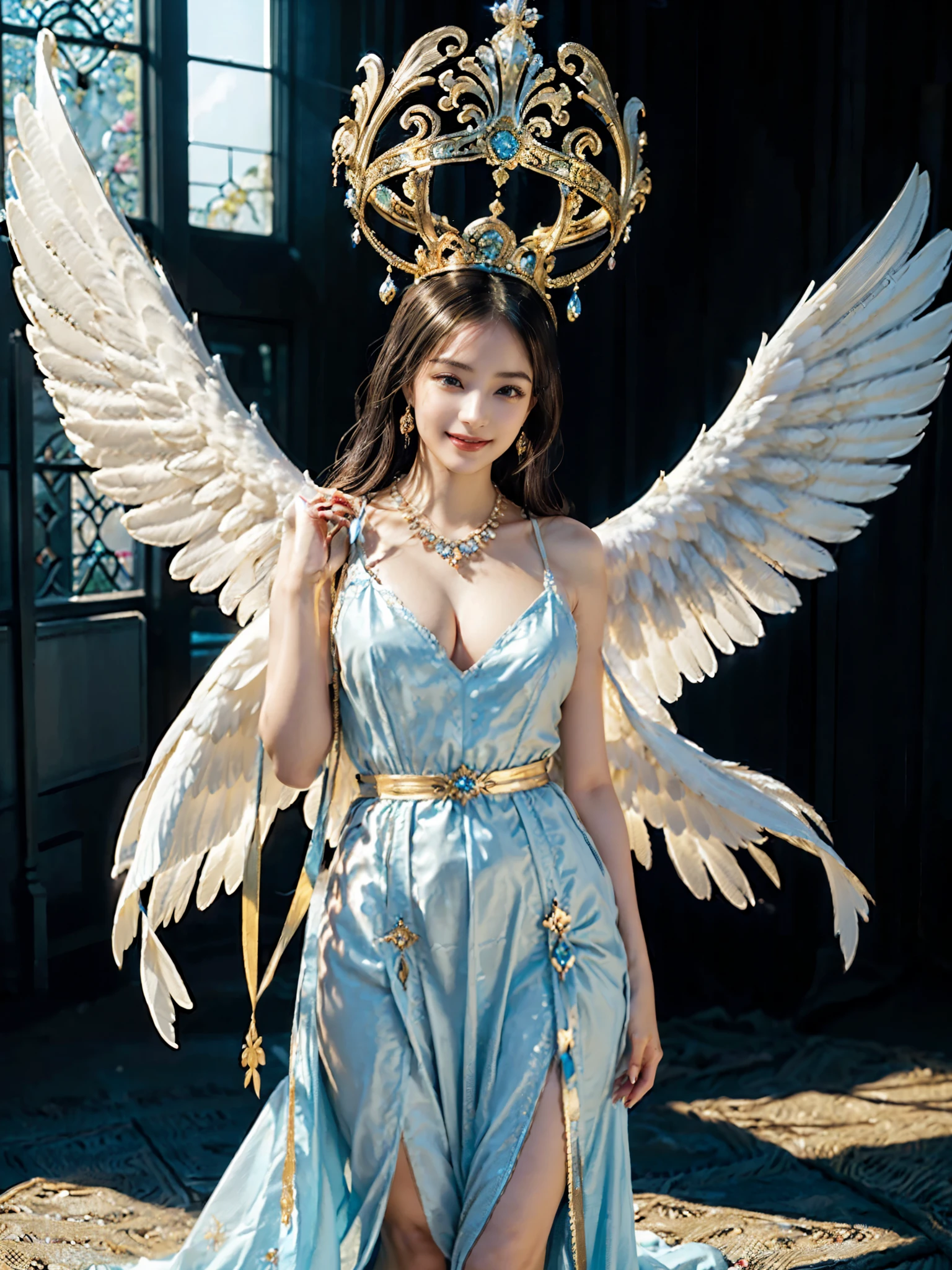((Very beautiful angel queen,The final form as a perfect angel, the masterpiece of an angel,Huge and intricate angel wings,The most dignified wings,Golden light,shining background,The most opulent and holy temple background,White and gold temple background,King of Angels, The most dignified angel, ((extremely detailed beautiful dresses)), (Intricate and solemn dresses, Light blue and gold embellishment dress on white, Light blue and gold dress on white base), (The most intricate and beautiful dresses, dresses decorated with some expensive jewels), ((extremely detailed gorgeous jeweled necklace)), Complex and majestic angel figure, The most intricately depicted figure of an angel, The World's Most Beautiful, Unimaginable beauties, (slim figure, attractive body shape, divine atmosphere), (smooth thin hair very fluttering in the wind, shiny hair), Intricate reproduction of the perfect angelic detail, The figure of an unimaginably gorgeous angel, The figure of an unimaginably huge angel)),((Most beautiful face, Half Japan and half Spanish, The biggest happy smile, The most luxurious and intricate dresses, The biggest smile looking at the camera)), Beautiful firm cleavage, beautiful clavicle, (Beautiful firm medium breasts), (Elegant standing figure, Fold your hands in front of your navel,)),Chest that seems to burst, Giant wings of angels, The background is the appearance of a perfect angel castle,Masterpiece,8K,very intricate, ultra detailliart, captivating and visually stunning piece of fractal art featuring, created by a renowned artist, vibrant colors. Formal artistic quality with strong aesthetic appeal.