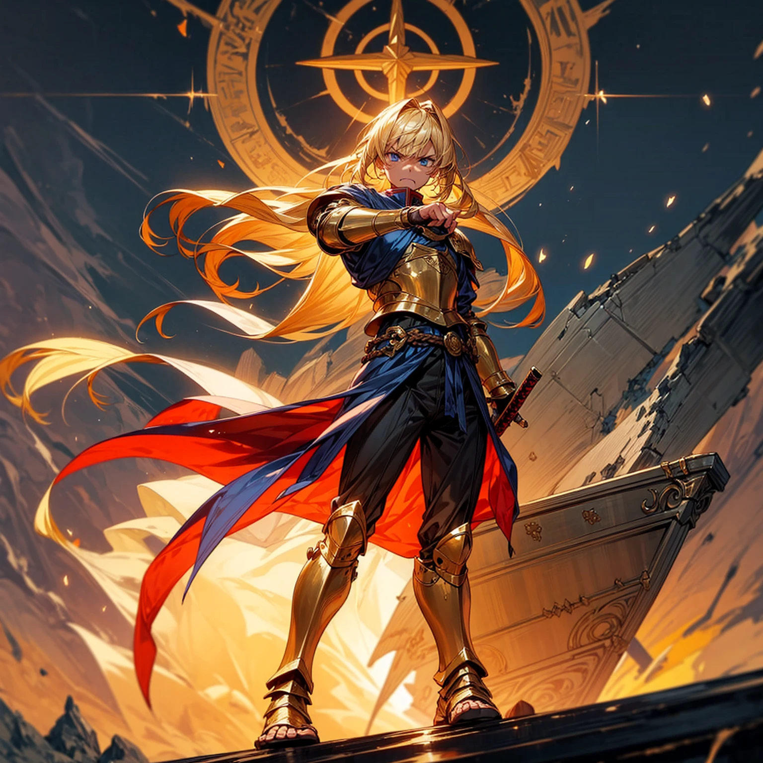 1boys, Full body version, 1character, muscle, blue eyes, Tan skin, very long hairstyle, blonde colour hair, very angry expression, angry eyes, angry mouth, templar knight clothing, blue colour clothing, ancient Greek sandals, gold sword in hand, small shield gold in hand, gold armor, Grassroots background in big ship, sea, background ship damage, war in ship, fire, fire light, light fire silhouette, in evening, (war gesture), bloody in ship, blood on face, blood on sword, blood on armor, bloody background, Ultra detailed, full background, Full body version, motion blur, plasma, lens blue, overlay color, overlay blending, lighten blending, chromatic aberration, hd, ultra hd