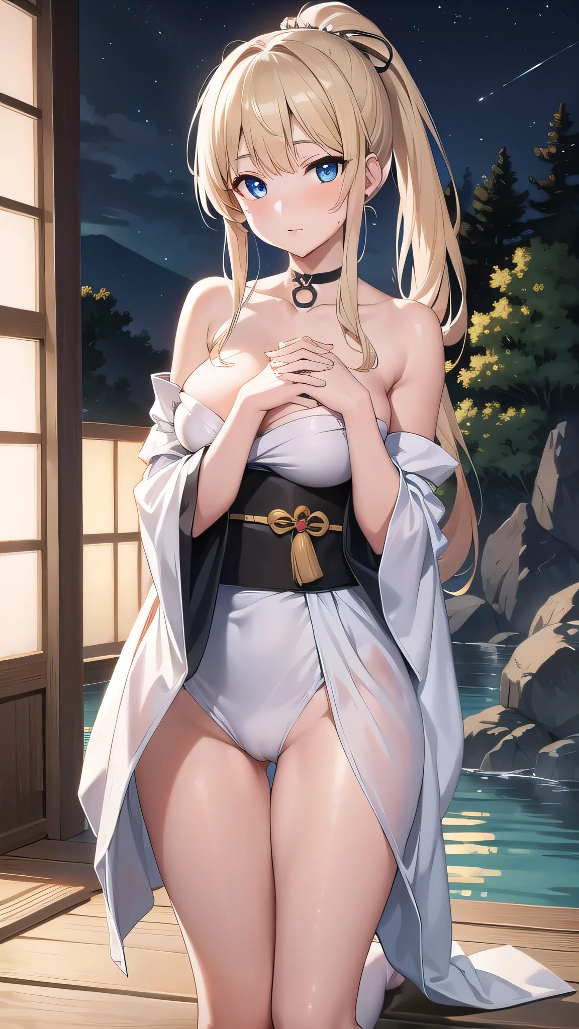 beatrixamerhauser, beatrix amerhauser, long hair, blue eyes, blonde hair,ponytail, (medium breast:1.2),
BREAK japanese clothes,white kimono,wet kimano, yukata,cleavege,neckline,black choker,
BREAK looking at viewer,
BREAK outdoors, onsen,night,steam,wet,stars,starfall,hot water,
BREAK (masterpiece:1.2), best quality, high resolution, unity 8k wallpaper, (illustration:0.8), (beautiful detailed eyes:1.6), extremely detailed face, perfect lighting, extremely detailed CG, (perfect hands, perfect anatomy),full body,transparent kimano,from below,