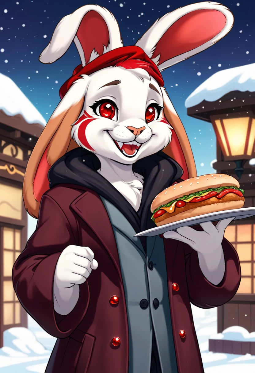 body of a lop-eared rabbit,thin build, sinewy, Elongated, looks like a toy or cartoon character. Eternal smile, absorbs food through teeth. The coat color is snow-white with red stripes in the form of tattoos, a large red diamond is depicted on the head