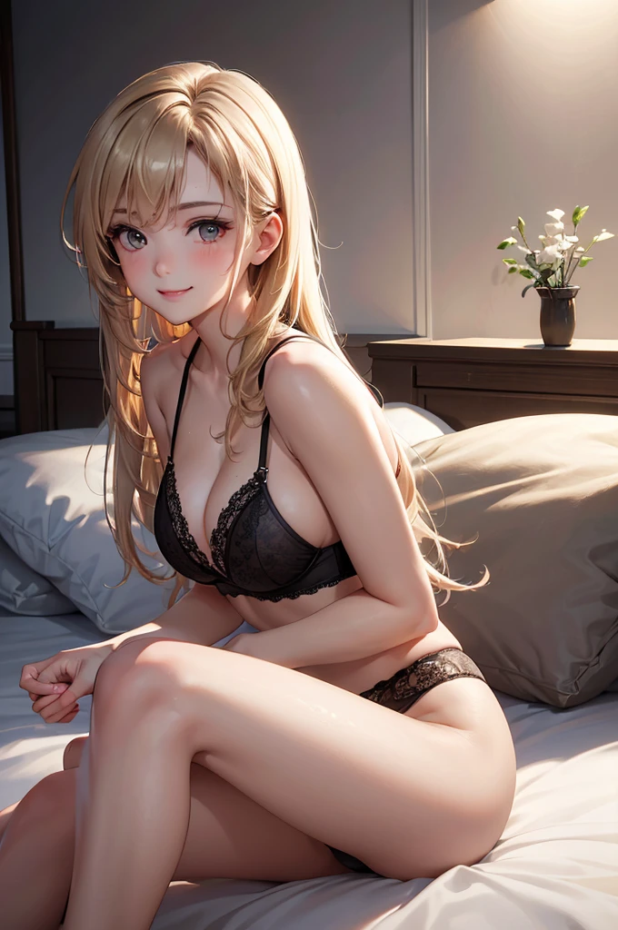 (Best Quality,High resolution,8K,finelity detailed background,Masterpiece:1.2),beautiful girl,Shiny khaki hair,messy hair,(Khaki Eyes),Gentle look,A refreshing look,Best quality,Best Quality,Aesthetic and aesthetic:1.2,Best details((Super detailed))(High-definition CG illustrations),Black underwear (white intricate lace),Slender body,Late Night,Moonlit Night,Bedroom,On the bed,smile,blush,cute,Scrounge,Looking up,Being spoiled,super model,wariza,smile