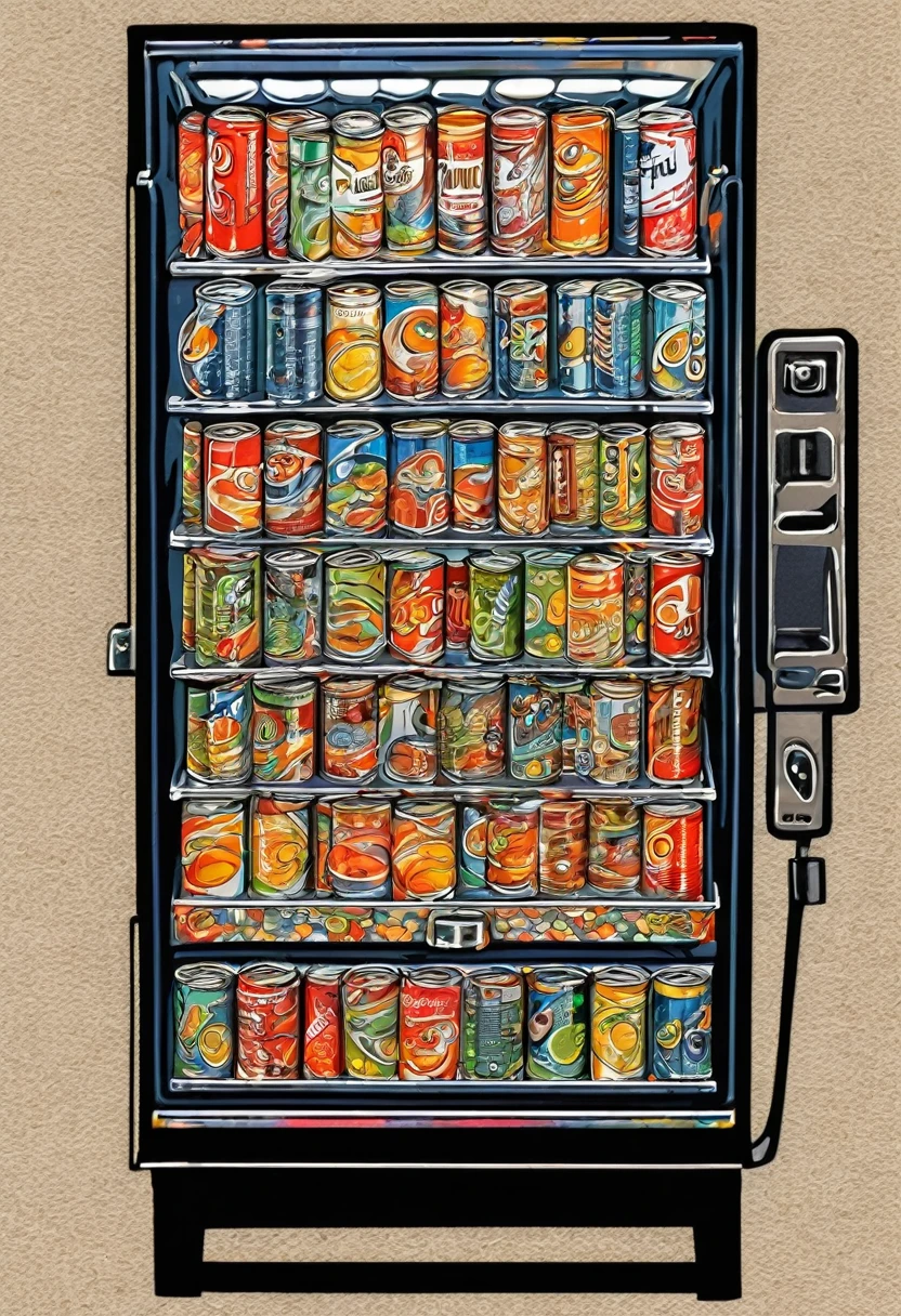 Drawer type tinned fish vending machine, ring pull cans, fl4tstyle3, flat, 2 colour, full frontal, contemporary style, ((detailed and expressive)), fine art style, lots of fine lines and full colour shading style, muted colours, full background with detailed line art