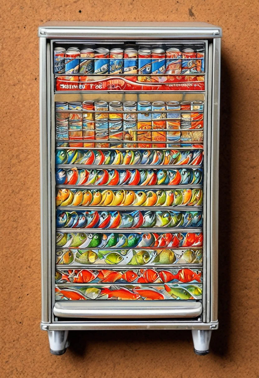 Drawer type tinned fish vending machine, ring pull cans, fl4tstyle3, flat, 2 colour, full frontal, contemporary style, ((detailed and expressive)), fine art style, lots of fine lines and full colour shading style, muted colours, full background with detailed line art