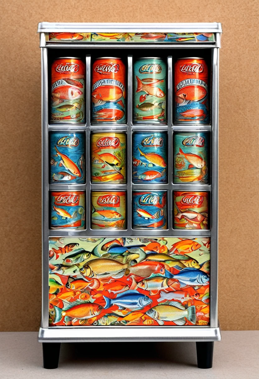 Drawer type tinned fish vending machine, ring pull cans, fl4tstyle3, flat, 2 colour, full frontal, contemporary style, ((detailed and expressive)), fine art style, lots of fine lines and full colour shading style, muted colours, full background with detailed line art