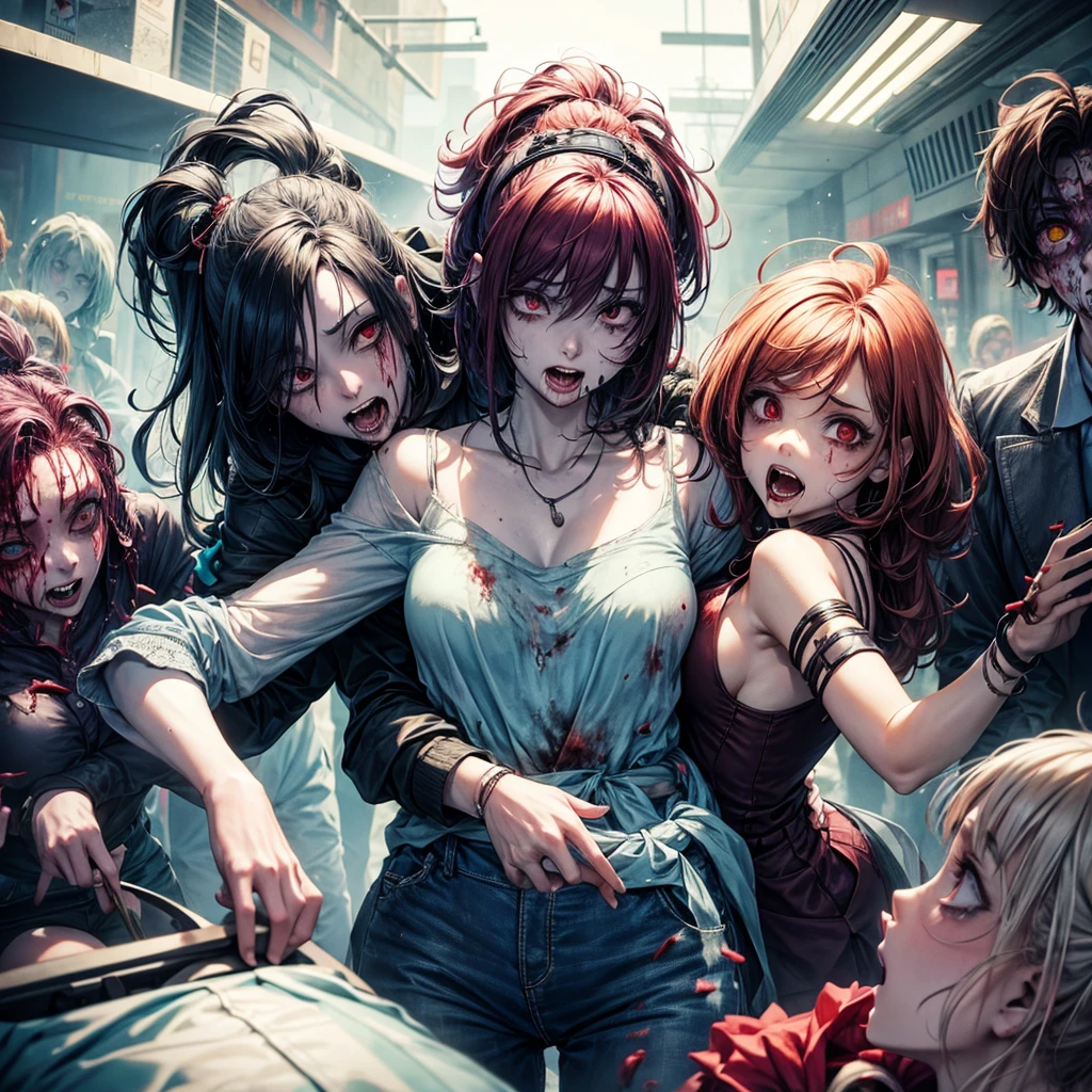 Group of female zombies eating a man