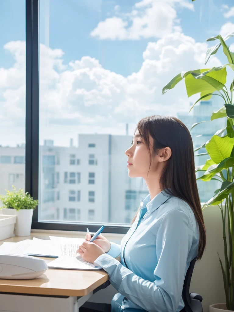 In a crowded office，beside，A Chinese beauty is concentrating on her work，The background is blue sky and white clouds outside the window，Suggesting that indoor air quality is equally important