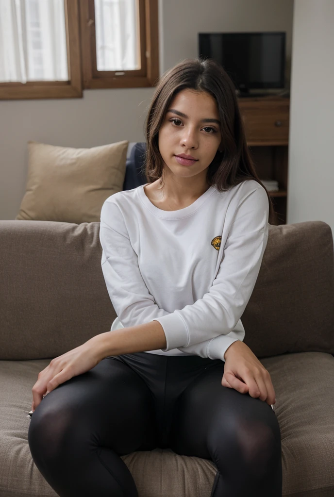 gorgeous young colombian woman, in her living room, on a sofa, wearing a legging and a sweatshirt, full body, beautiful face, masterpiece, best quality, ultra-detailed, solo, shadows, contrast, cinematic light, side lighting, ultra high resolution, best shadow, RAW, 4k, 85 mm, poca profundidad de campo, Kodak Vision Color, extrem adamente detallado, Cinematographer_\(ultra\), photoreallistic, Realstic, Postproceso, Maximum details, asper eza, vida real, ultra realista, fotorrealismo, Cinematographer, 8k UHD, Cinematographer