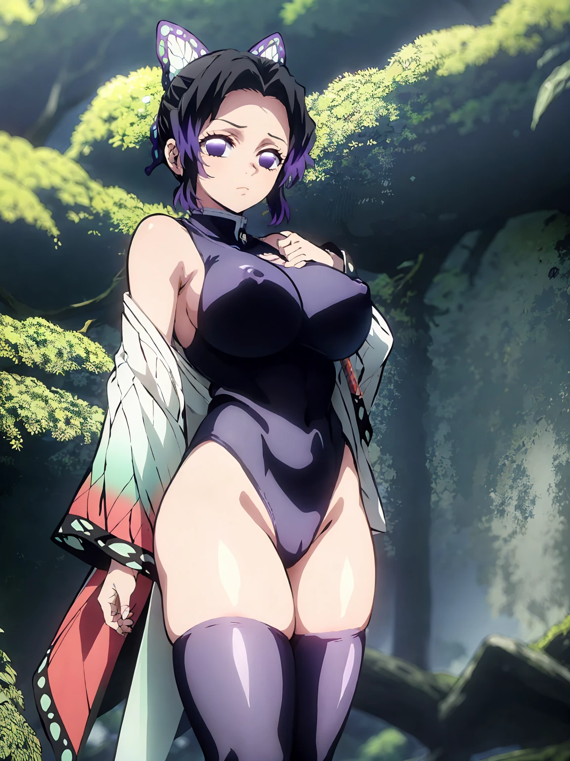 Kochou shinobu, 4k, absurd, high resolution, very high resolution, high definition, masterpiece, Short hair, purple hair, Separate bangs, Hair Adorno, Butterfly hair ornament, Purple eyes, Slayer Demon Uniform, sleeveless, black high-leg leotard, zettai ryouiki black thighhighs, cowboy shot, looking_at_viewer, serious, closed mouth, hairy natural public hair, natural armpit hair, huge_breast, side boob, erect nipples, standing, holding a japanease sword, (skinny, short stack), in the dark forest, night