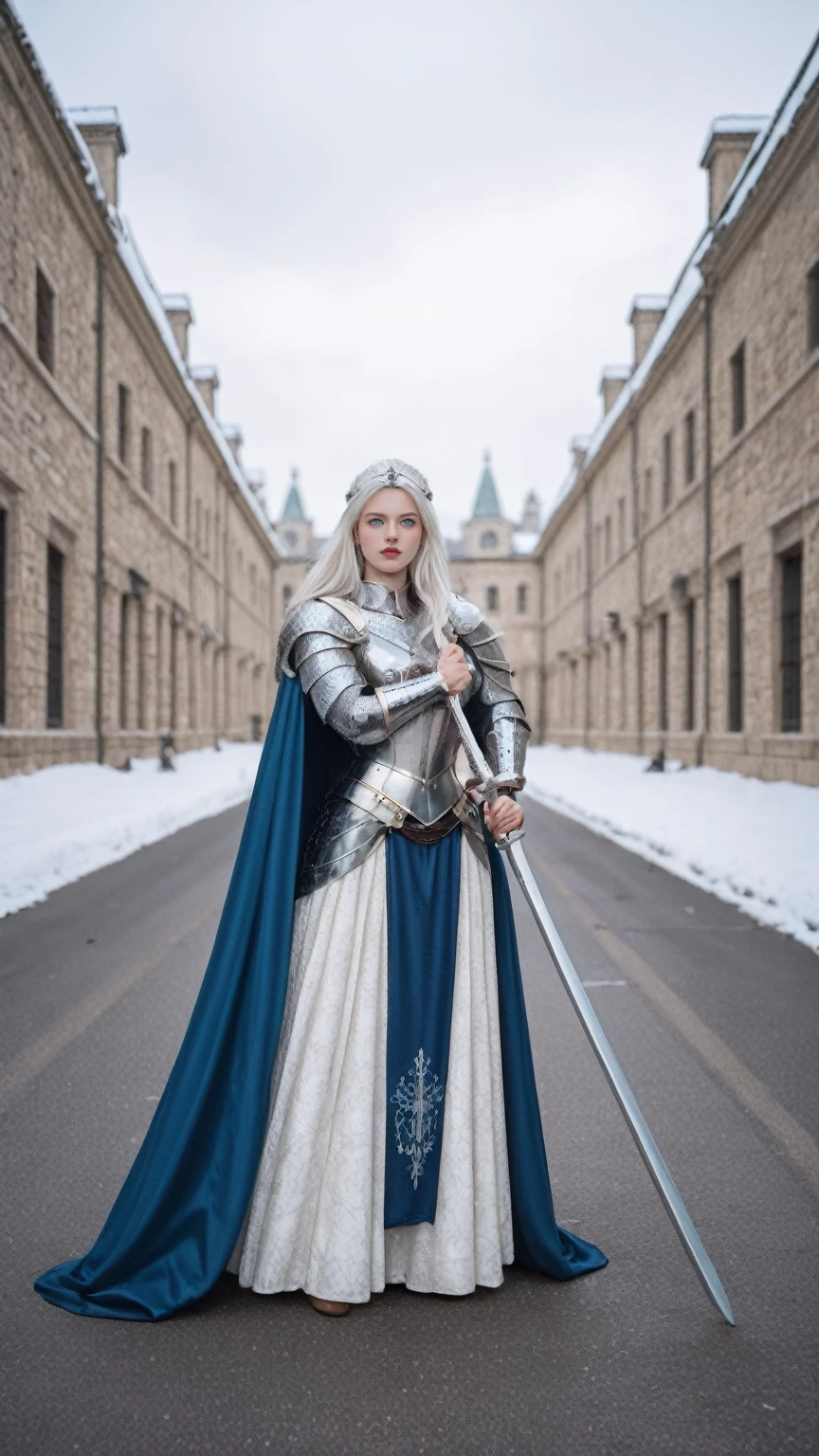 realistic,score_9, score_8_up, score_7_up, 
hyper detailed, ultra detailed, UHD, beautiful girl, perfect anatomy, perfect body, model, stylish pose, wearing full plate body fantastic armor with cape, holding huge crystal sword, snowy medieval road, (random color:1.4),
long hair, various hairstyles, white hair, blue eyes, glowing eyes,
extremely detailed,sexy pose