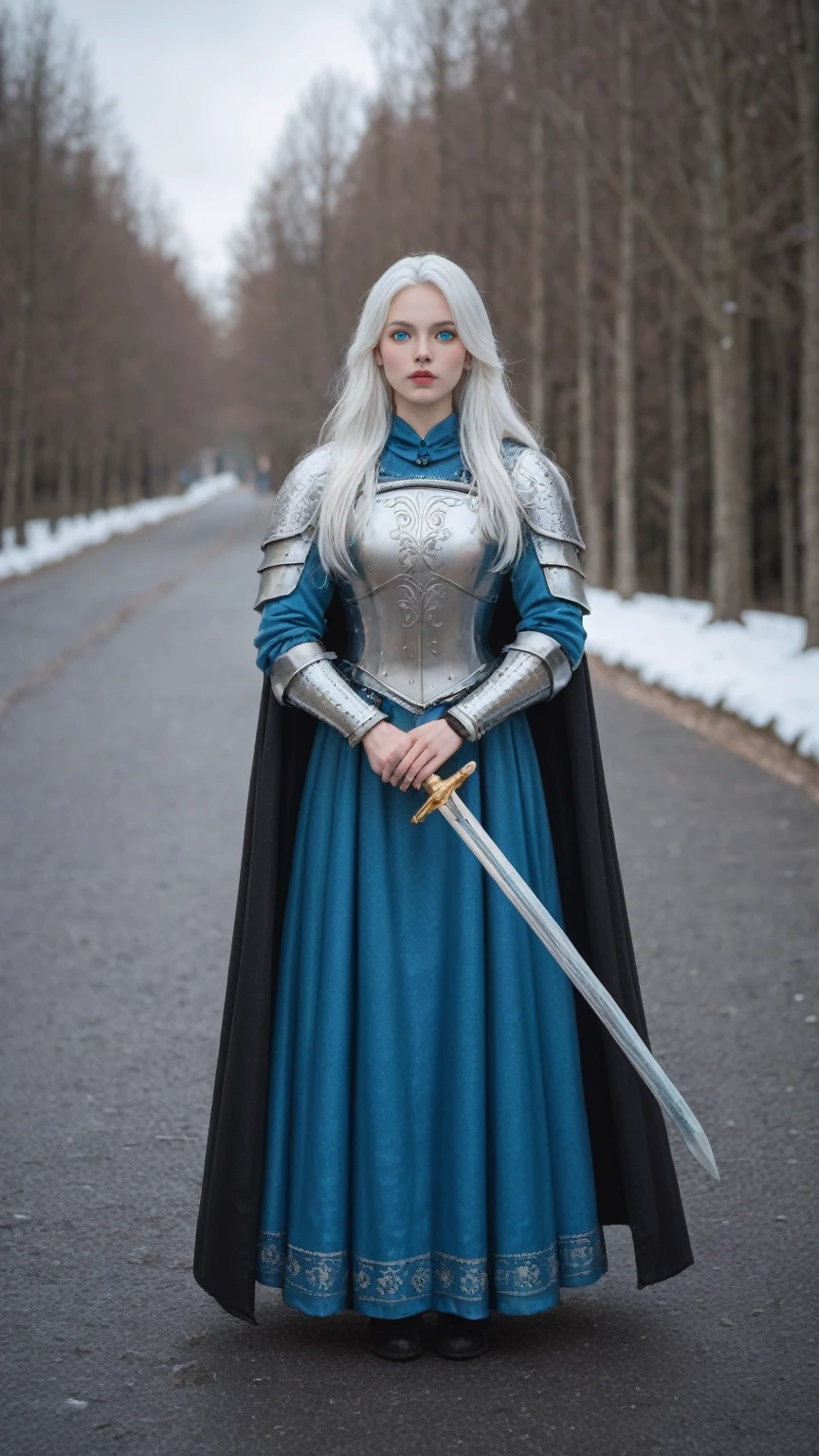 realistic,score_9, score_8_up, score_7_up, 
hyper detailed, ultra detailed, UHD, beautiful girl, perfect anatomy, perfect body, model, stylish pose, wearing full plate body fantastic armor with cape, holding huge crystal sword, snowy medieval road, (random color:1.4),
long hair, various hairstyles, white hair, blue eyes, glowing eyes,
extremely detailed,sexy pose