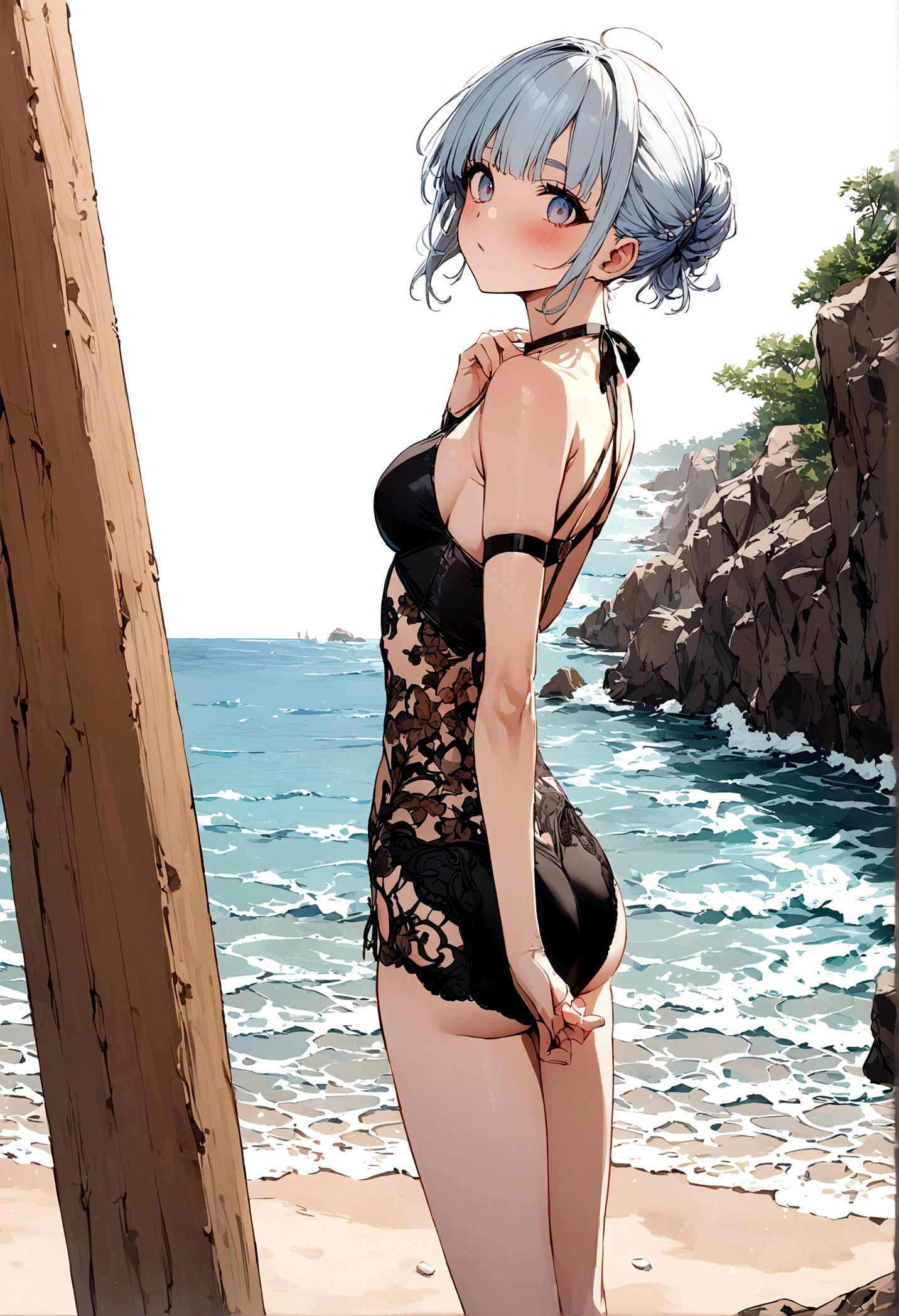 (best quality:1.3), (qualidade 4K), Rei ayanami por evangelion, ((Rosto detalhado)), ((body curvy)), (peitos grandes), (cabelos azuis), (corte de cabelo), clivagem, corpo sexy, (Vaca Thong Bukini), (Praia), ((frame: cintura para cima))