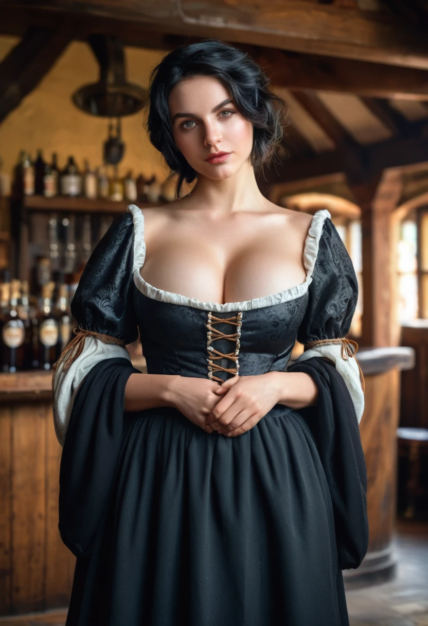 Medieval, Young woman, very short loose black hair, huge breasts, wide hips, barmaid dress, (tavern background) (4k image) (highest quality)