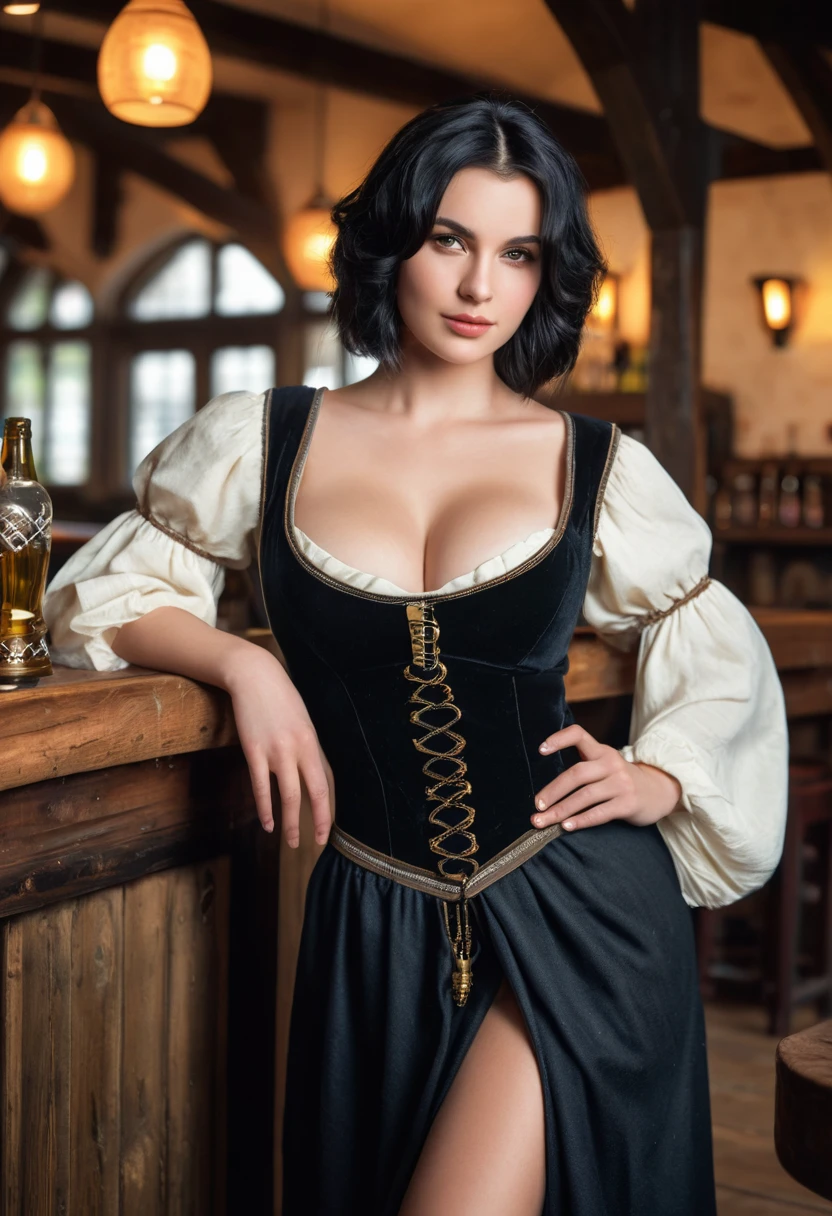Medieval, Young woman, very short loose black hair, huge breasts, wide hips, barmaid dress, (tavern background) (4k image) (highest quality)