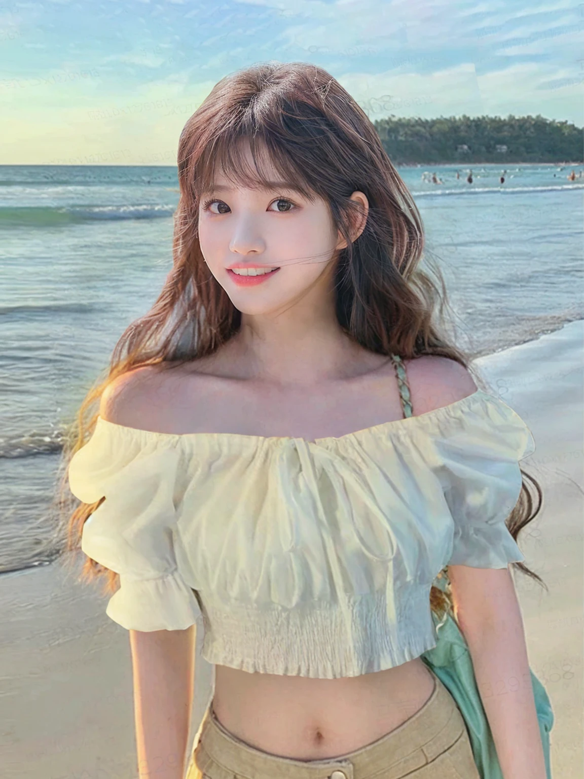 Araffe girl wearing white top and tan pants on the beach, Bae Suzy, Shin Jin Hye, Ulzan, Cui Xianhua, Nam Jae-yeon, Xuan Yunzhu, Sakimichan, Larissa Manobar, tzuyu from times, return, Lee Ji-eun, Lee Ji-eun, hair floating covereturng chest, Korean Girl