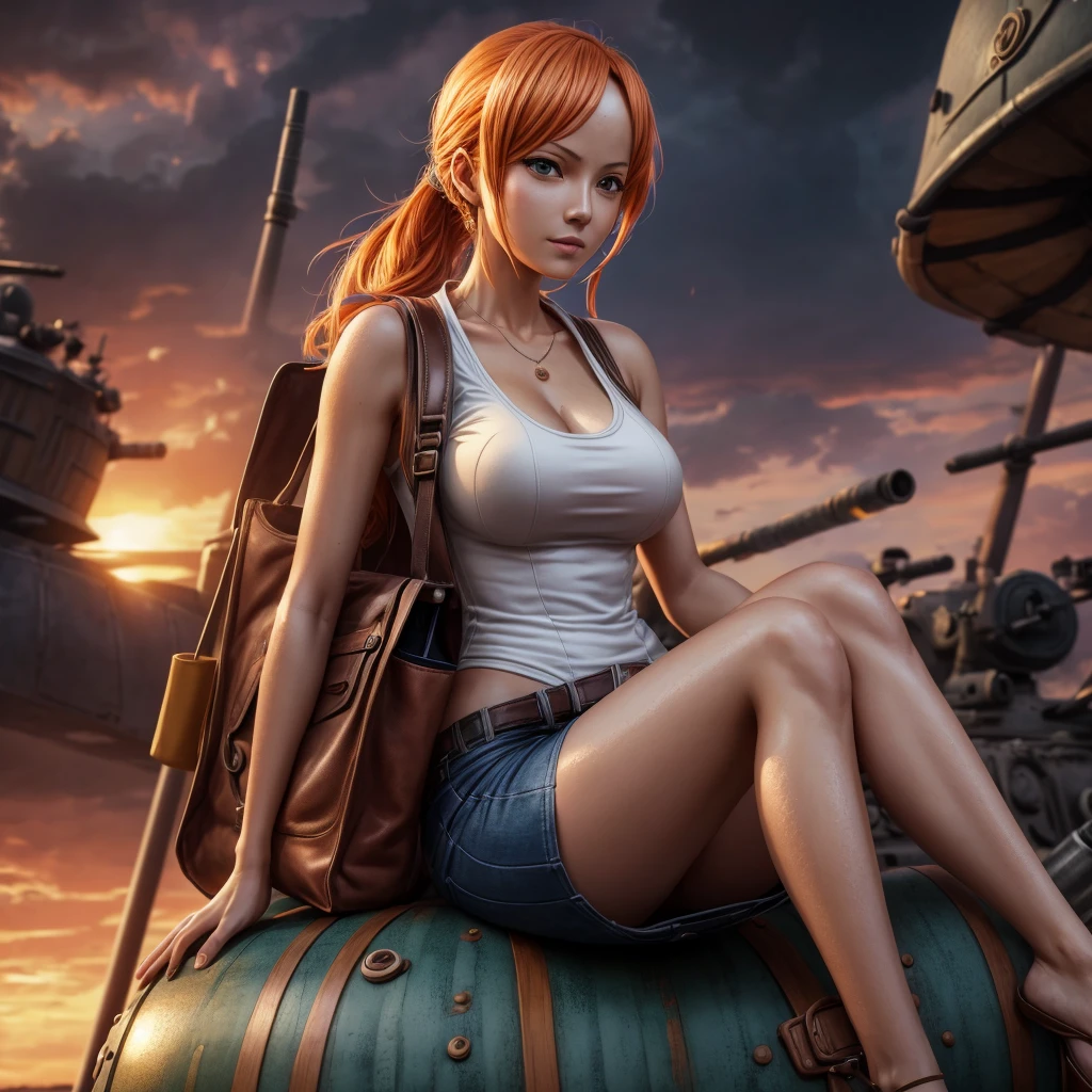 Real nami in one piece , holding a stylish bag, sitting on the barrel of a replica tank toys gun modified with the strongest material, wearing a a thin shirt that was wet with sweat , realistic, 8K.flowers,sunset,in dark,dark theme, masterpiece,official art,best quality,ray tracing,volumetric light,realistic,photorealistic,ultra highres,vivid, woman , close up