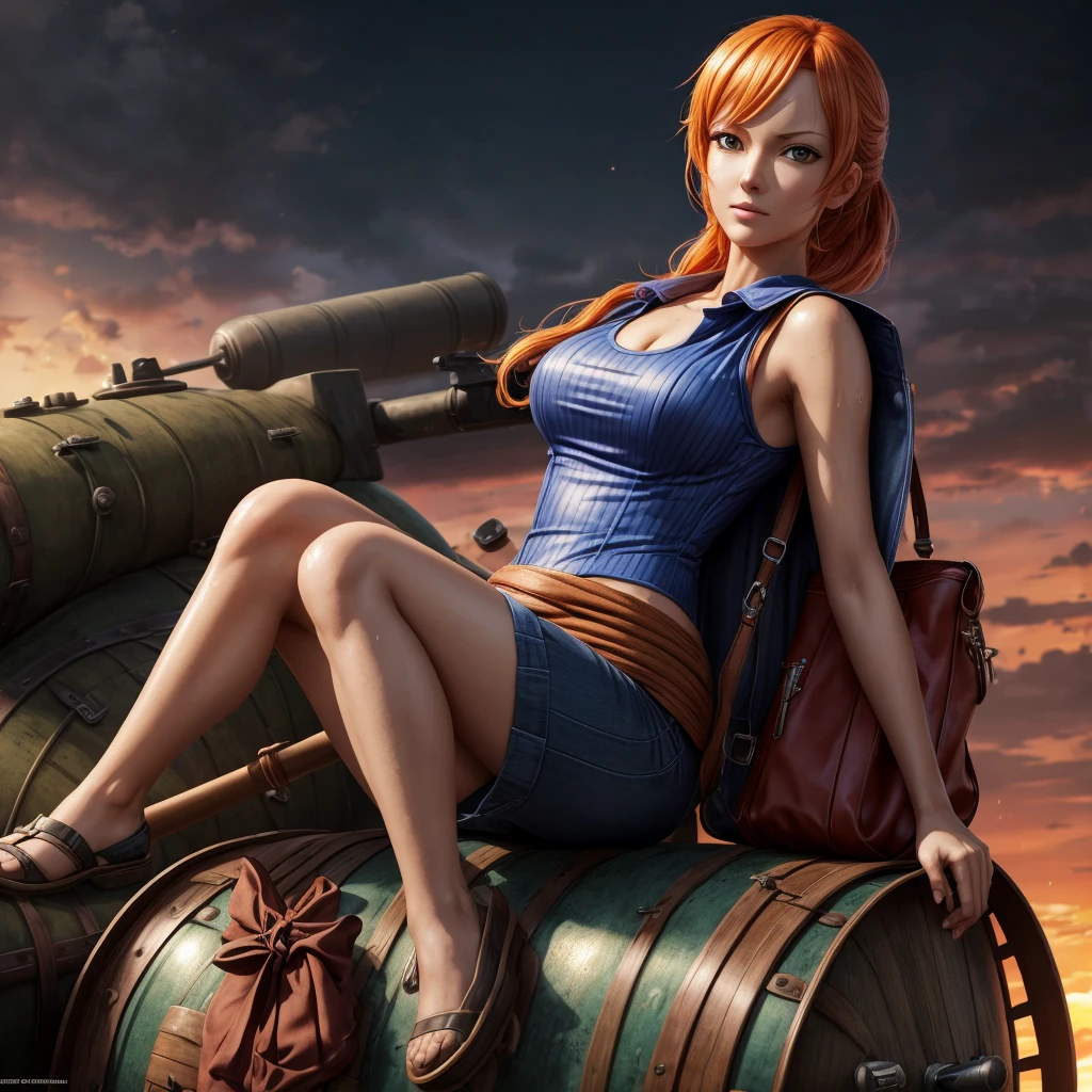 Real nami in one piece , holding a stylish bag, sitting on the barrel of a replica tank toys gun modified with the strongest material, wearing a a thin shirt that was wet with sweat , realistic, 8K.flowers,sunset,in dark,dark theme, masterpiece,official art,best quality,ray tracing,volumetric light,realistic,photorealistic,ultra highres,vivid, woman , close up