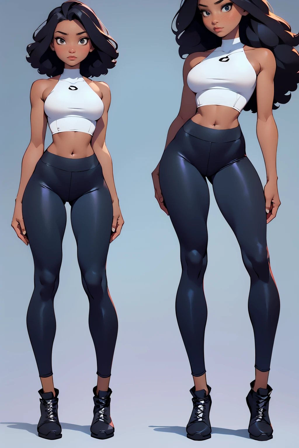 afro american girl, dark skin, behind view, afro haircut, 1 girl, solo, (black leggins) (crop tank top low neckline), sleveless, wide hips