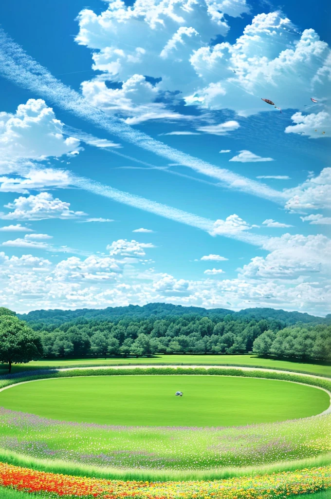 Under the vast sky blue sky, a green meadow stretches out, with a small pond in the middle. Around the pond, colorful flowers are in full bloom, with butterflies and bees fluttering among them. A hot air balloon soaring high in the sky adds a sense of adventure to the serene afternoon landscape