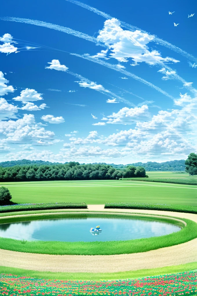 Under the vast sky blue sky, a green meadow stretches out, with a small pond in the middle. Around the pond, colorful flowers are in full bloom, with butterflies and bees fluttering among them. A hot air balloon soaring high in the sky adds a sense of adventure to the serene afternoon landscape