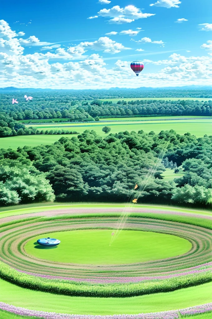 Under the vast sky blue sky, a green meadow stretches out, with a small pond in the middle. Around the pond, colorful flowers are in full bloom, with butterflies and bees fluttering among them. A hot air balloon soaring high in the sky adds a sense of adventure to the serene afternoon landscape